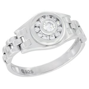 ROLEX Mens Sterling Silver Round Ring with Bezel Set Cubic Zirconia Stones